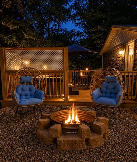 Cozy fire pit and private deck for relaxing nights under the trees