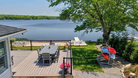 Elevated deck view overlooking the yard, dock, and peaceful lakefront
