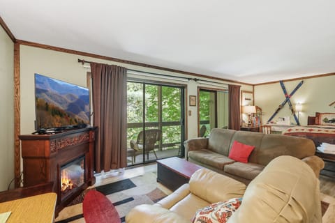 Cozy mountain-style retreat with fireplace, TV, and private tree-lined balcony