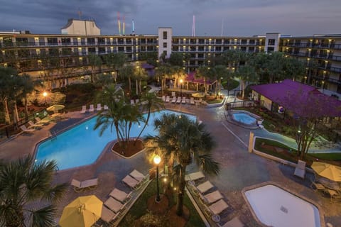 Soak up evening ambiance with pool lights and loungers.
