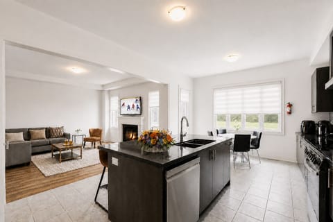 Bright open-concept kitchen and living room with island and fireplace