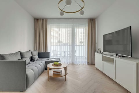 Przestronny salon z wygodną, rozkładaną sofą stanowi centralną część apartamentu i został zaprojektowany z myślą o komforcie oraz relaksie. 