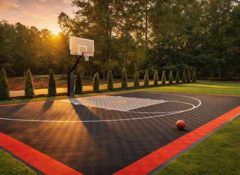 Enjoy an invigorating game of basketball on your private court, soaking in the golden glow of sunset through the trees.