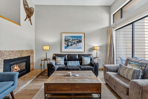 Living area with fireplace, TV, and pull out couch (queen). 