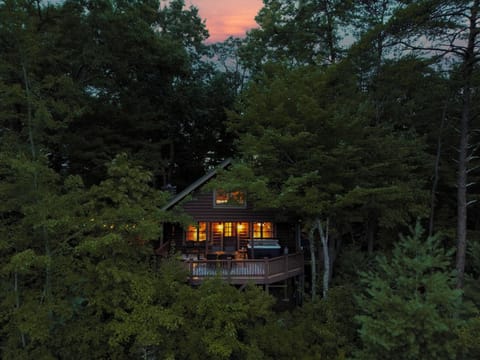 Secluded forest cabin with glowing windows and a peaceful private deck