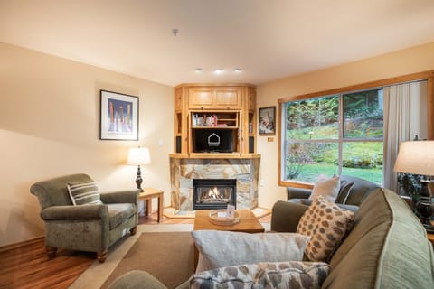 Living area: Pull-out sofa (twin), gas fireplace, garden and forest views