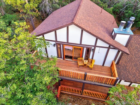Top-down aerial view of the property's striking architecture and expansive multi-level decking.