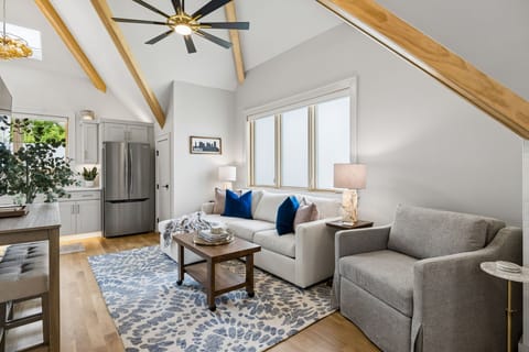 The family room has a pull out couch with queen-sized memory foam mattress, and the chair converts to a twin bed.