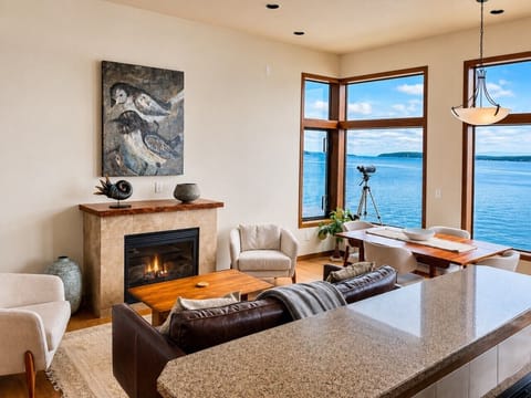 Spacious living room with fireplace and panoramic water views