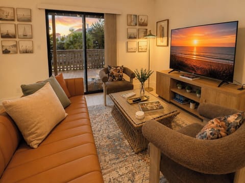 Cozy boho living room with sunrise view