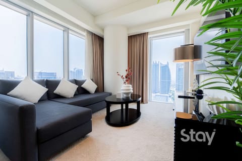 Bright living room with skyline view