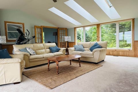 Living room #2 with couch, love seat, chair, TV, exercise machine, skylights and lots of windows!