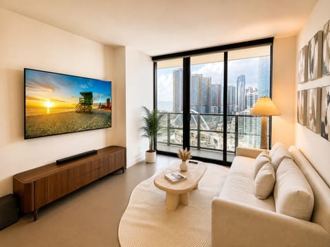 Bright living room with stunning skyline views