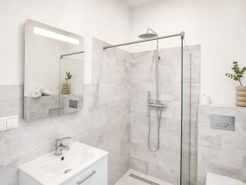 Modern private bathroom with a spacious walk-in rain shower.