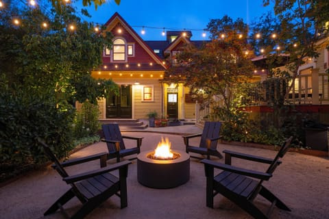 Garden sitting area with fire pit.