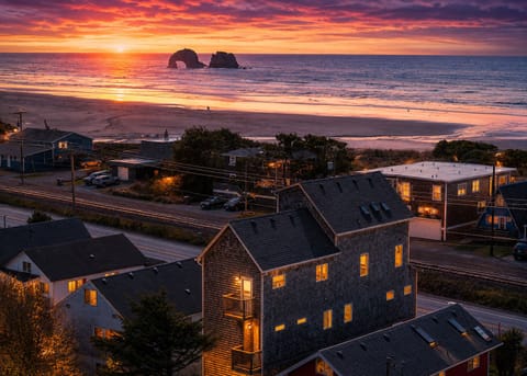 Stunning sunset beach views with iconic sea stacks just steps away