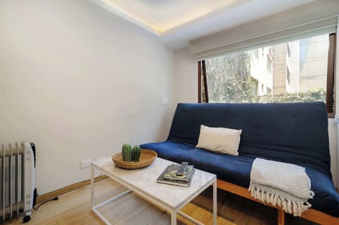 Living area with a cozy sofa and natural light