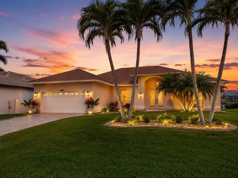 Front of house at sunset