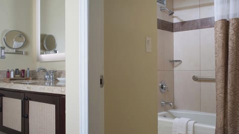 Bright bathroom with granite vanity and tiled tub-shower combo