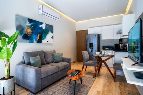 Living area with dining space and kitchen