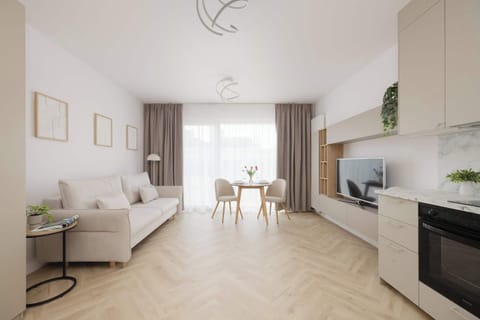 A bright and spacious living area with a comfortable sofa, a dining table, and a modern kitchenette.