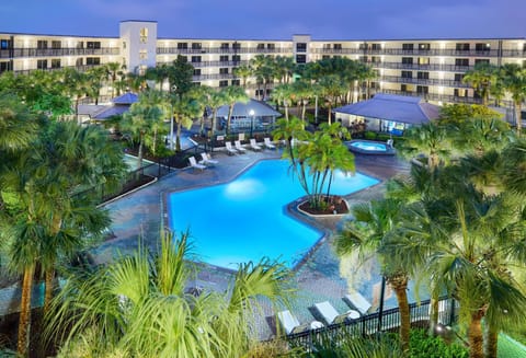 Illuminated outdoor pool at night with tropical landscaping.