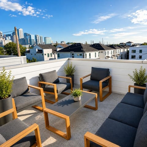 Relax on the spacious rooftop lounge overlooking the Houston city skyline.