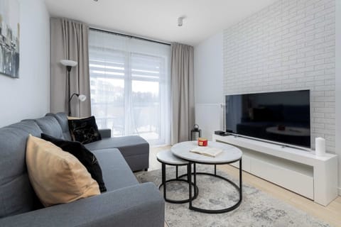 Modern living room featuring a grey corner sofa, a round coffee table, and a flat-screen television mounted above a white console. Bright natural light fills the space through full-length windows.