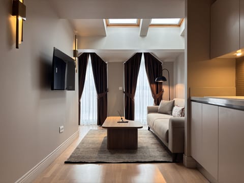 Bright open-plan living room beneath the skylights