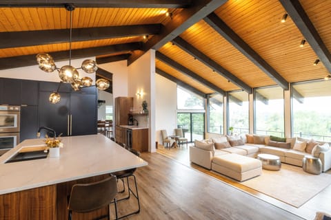 Large open concept living space with vaulted ceilings and sweeping views of the mountains.