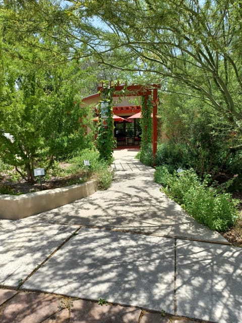 Exterior front sidewalk and front yard with pollinator garden. 