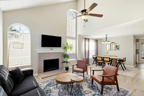 Open-concept living room with fireplace