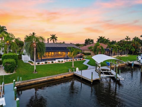Overhead aerial view showing the home's proximity to canals and waterways.