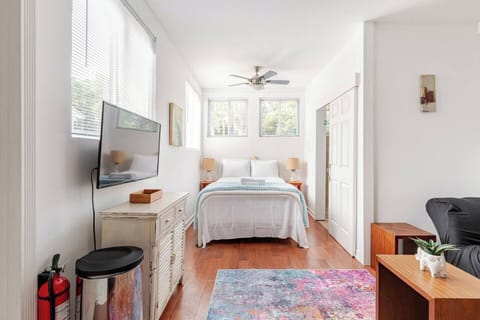 Comfortable open-concept space with a cozy sofa, inviting queen bed, colorful area rug, and plenty of natural light.