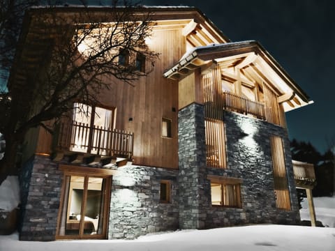 Exterior at night from the garden, west elevation