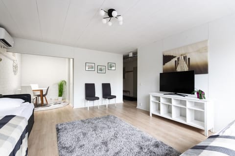Living area has two single beds and smart tv.