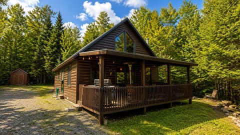 Charming cabin surrounded by peaceful woods with a spacious deck for relaxing outdoors.