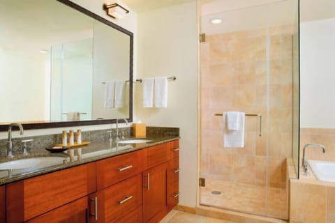 Spa-style bathroom with double vanity, glass shower, and soaking tub