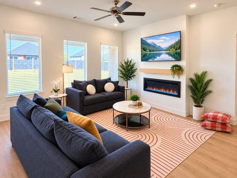 Bright modern living room with fireplace, big windows, and cozy seating