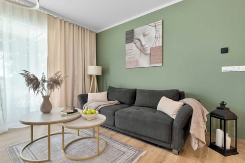 A cozy living room with a dark gray sofa, a round coffee table, and a TV cabinet. The space features a green accent wall, light curtains, and warm wooden flooring.