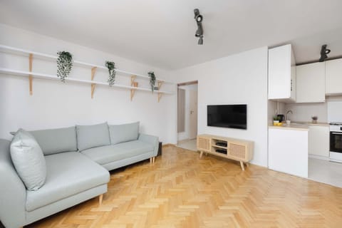 A bright studio living area with a comfortable sofa bed and a wall-mounted TV. The open layout creates a practical space for relaxing and spending time during your stay.