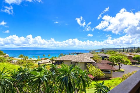 Panoramic ocean and coastline view with sweeping vistas of Napili Bay's turquoise waters framed by lush West Maui hillsides.