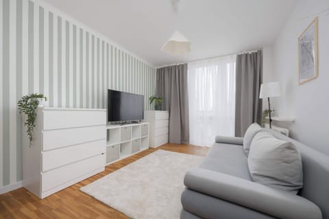 A cozy living room featuring a light grey sofa, a TV unit, and striped wallpaper. Natural light enters through a window with sheer curtains, highlighting the wooden floor.