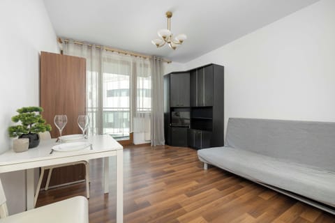 A bright living space features a gray sofa bed and a small dining table with chairs. Wooden flooring and a large window create a warm, inviting atmosphere.