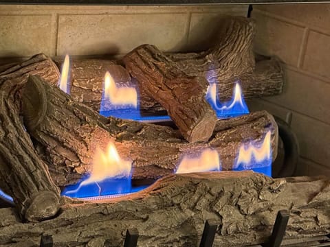 A close-up view of a lit gas fireplace with ceramic logs.