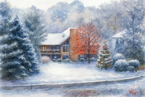 Winter View of entire home.  Guest suite at ground level