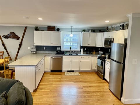 Open concept kitchen, dining, and family space 