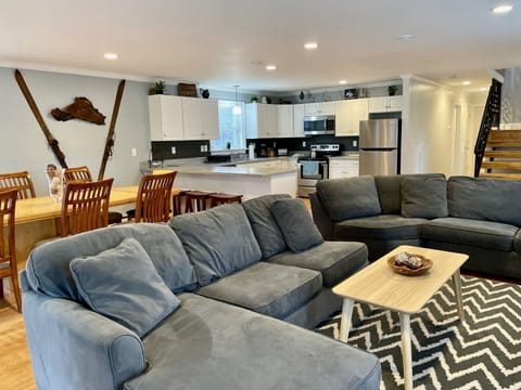 Open concept kitchen, dining, and family space 