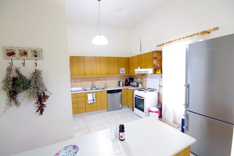 Fully equipped kitchen with fridge, freezer, oven with hob and microwave