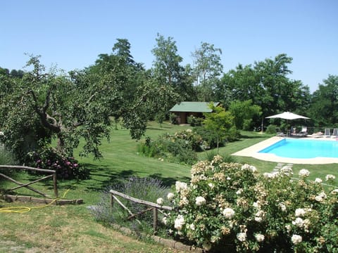 View of the swimming pool through trees and flowers